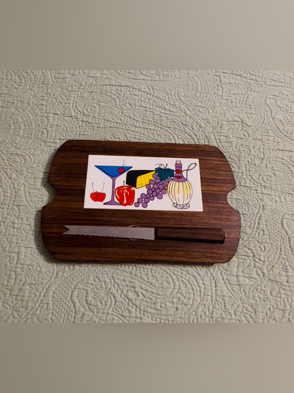 MCM wine/cheese tray solid wood base, magnetic knife,used/good!